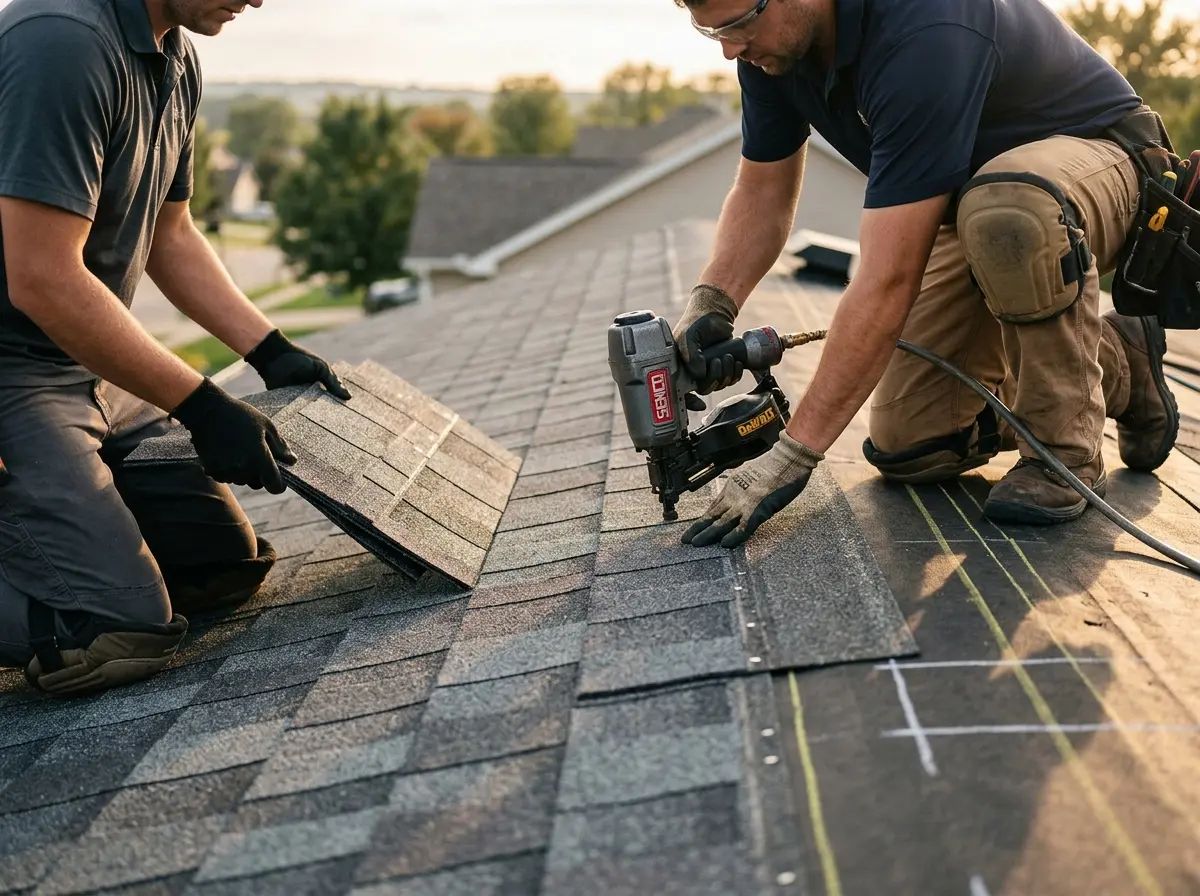 Professional roofer working on a residential roof in Burtonsville